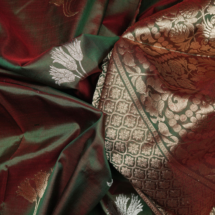 Handwoven Dual toned Moss with Maroon Banarasi Silk Saree - 2421N028504DSC