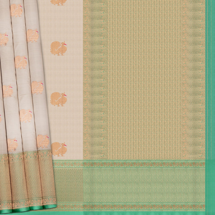 Handwoven Off-white with Green Banarasi Silk Saree - 2510N028519DSC