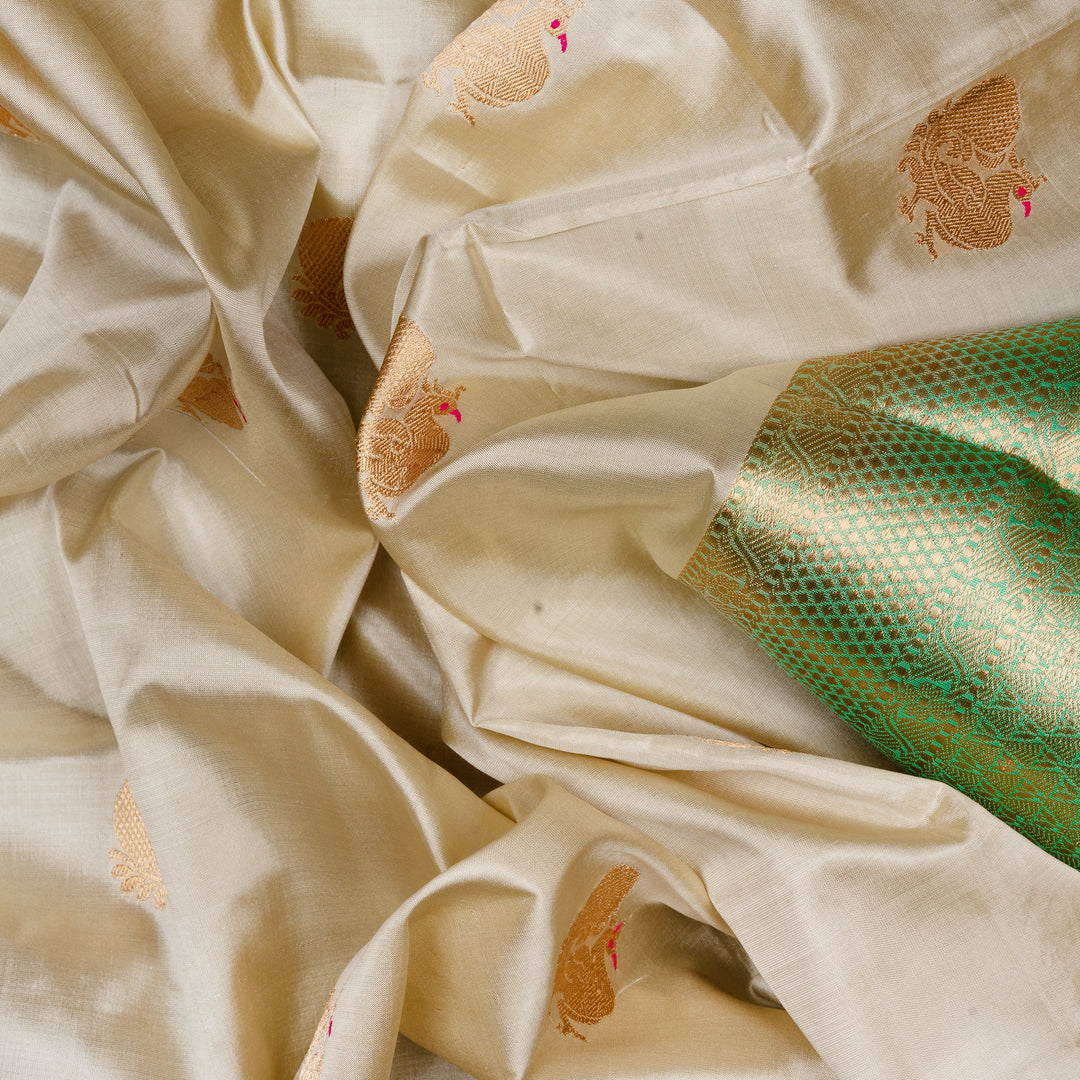 Handwoven Off-white with Green Banarasi Silk Saree - 2510N028519DSC