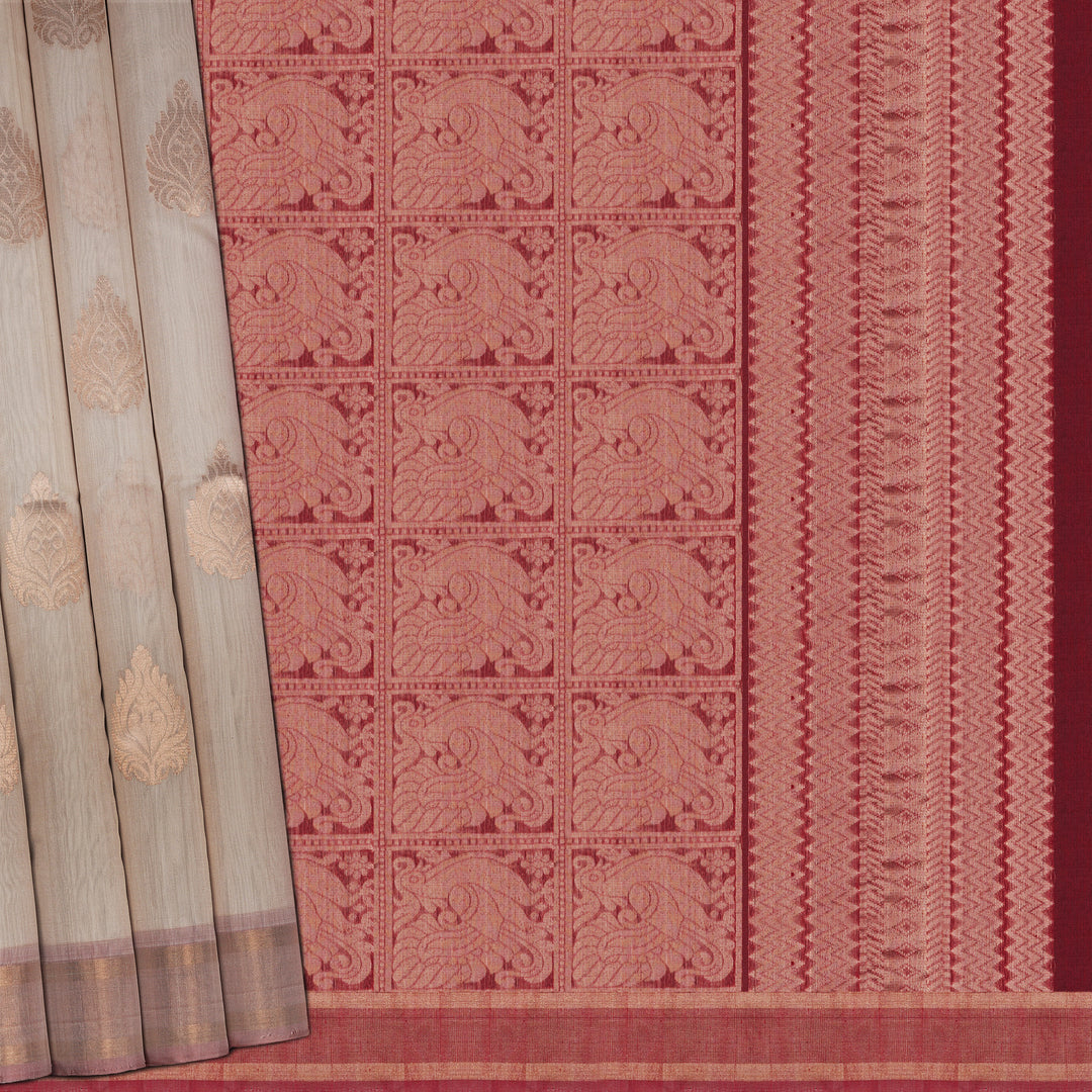Handwoven Off-white with Pink and Red Silk Cotton Saree - 2261T011192DSC