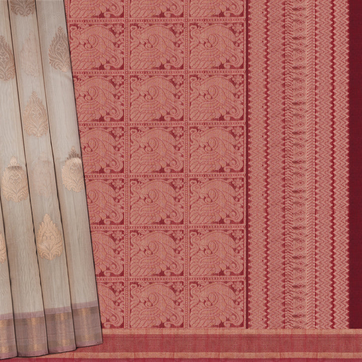 Handwoven Off-white with Pink and Red Silk Cotton Saree - 2261T011192DSC
