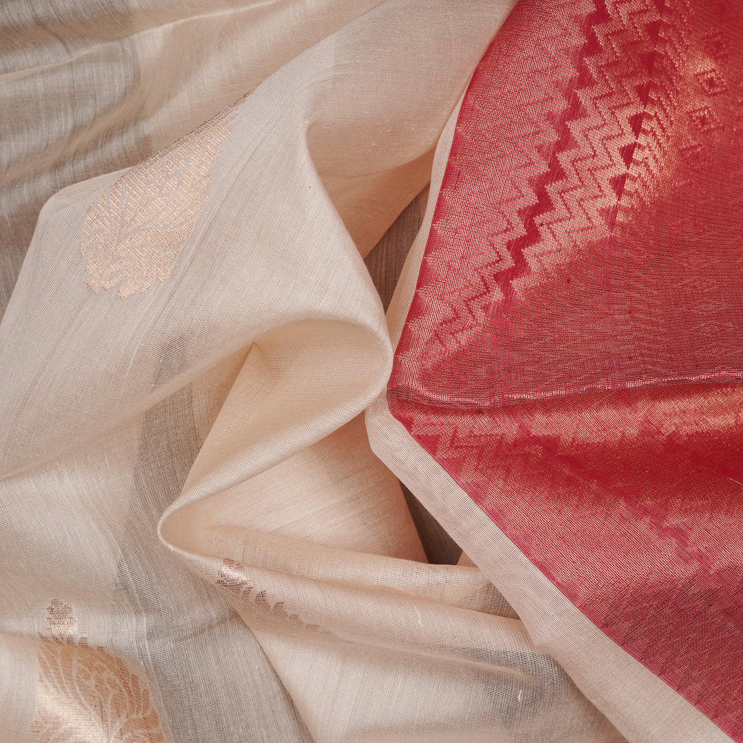Handwoven Off-white with Pink and Red Silk Cotton Saree - 2261T011192DSC