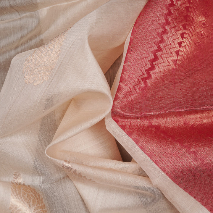 Handwoven Off-white with Pink and Red Silk Cotton Saree - 2261T011192DSC