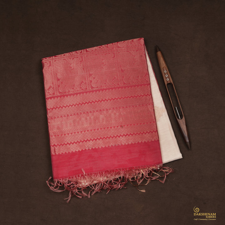 Handwoven Off-white with Pink and Red Silk Cotton Saree - 2261T011192DSC