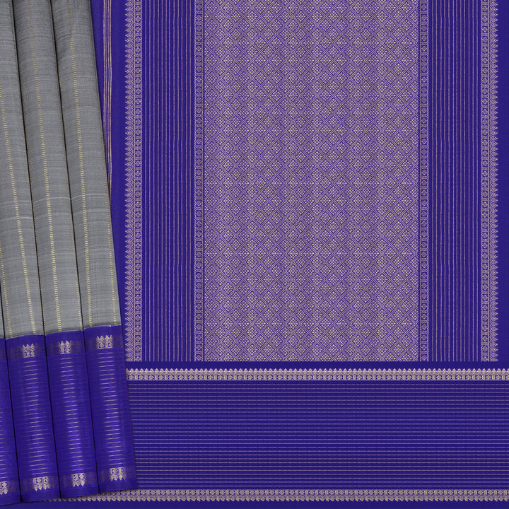 Handwoven Grey with Blue Kanjivaram Silk Saree - 2332T011352DSC
