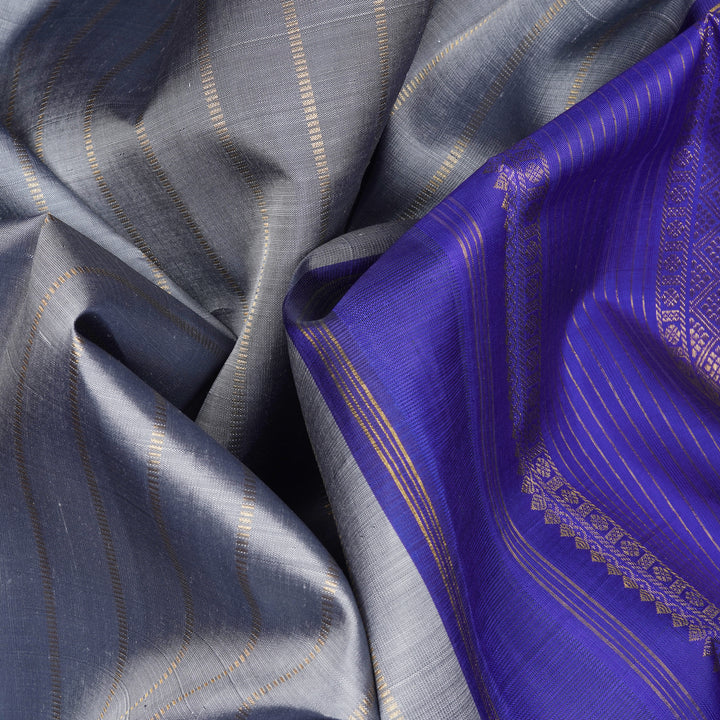 Handwoven Grey with Blue Kanjivaram Silk Saree - 2332T011352DSC