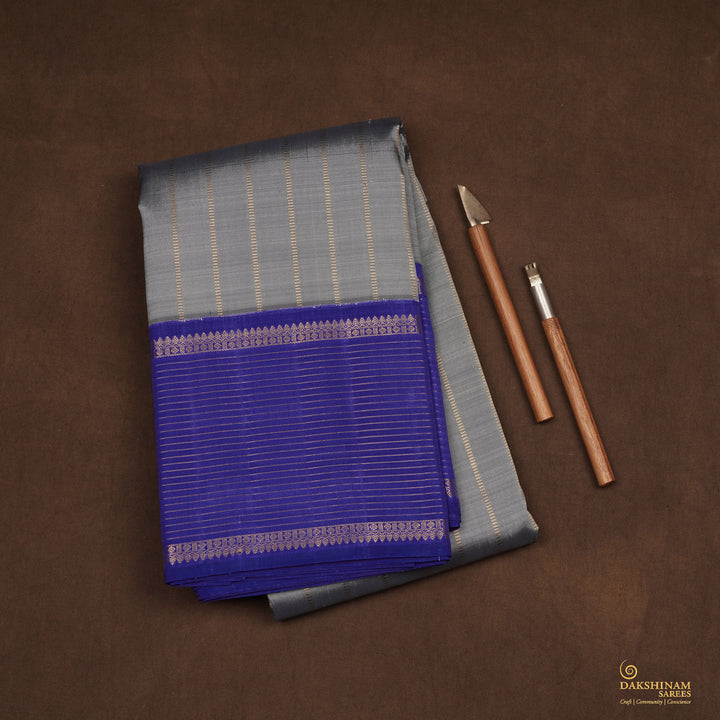 Handwoven Grey with Blue Kanjivaram Silk Saree - 2332T011352DSC