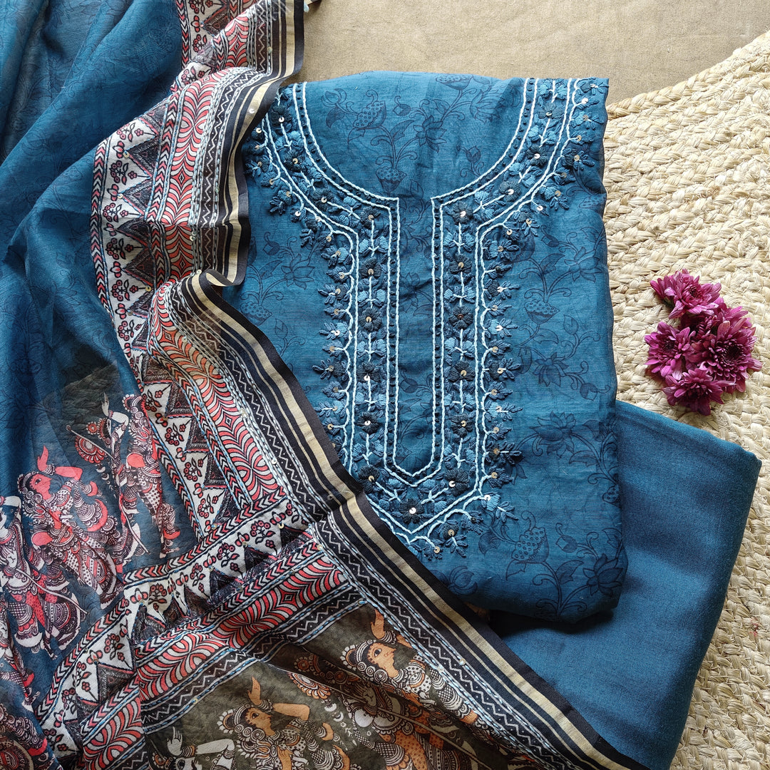 Peacock Blue Embroidered 3 Piece Suit Set with Kalamkari Chanderi Silk Dupatta 50N032592DSC