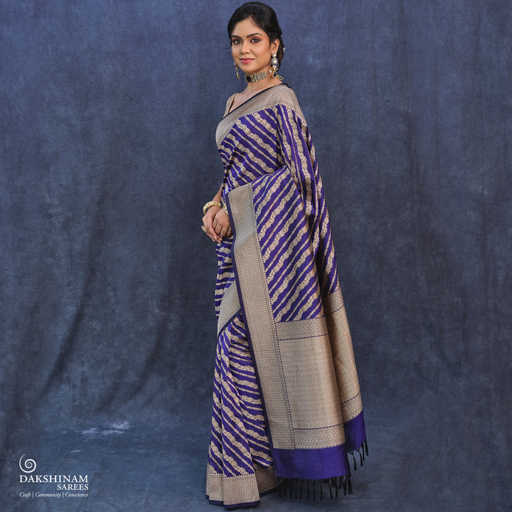 Blue Banarasi Silk Saree with Gold Zari Floral Design 3367T015304DSC