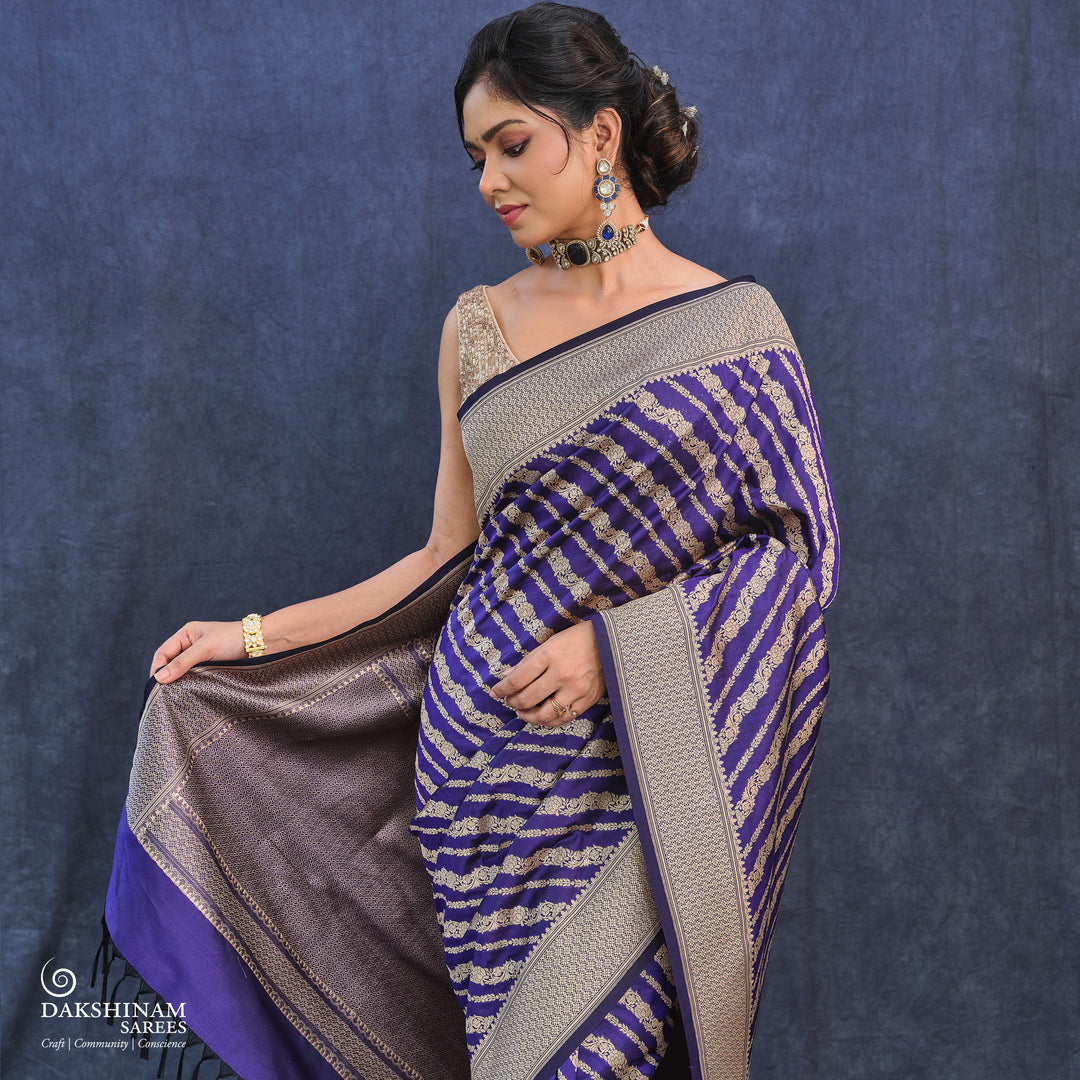 Blue Banarasi Silk Saree with Gold Zari Floral Design 3367T015304DSC