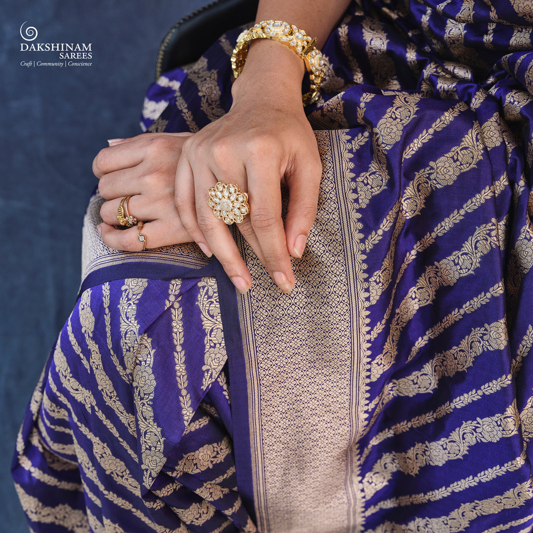 Blue Banarasi Silk Saree with Gold Zari Floral Design 3367T015304DSC