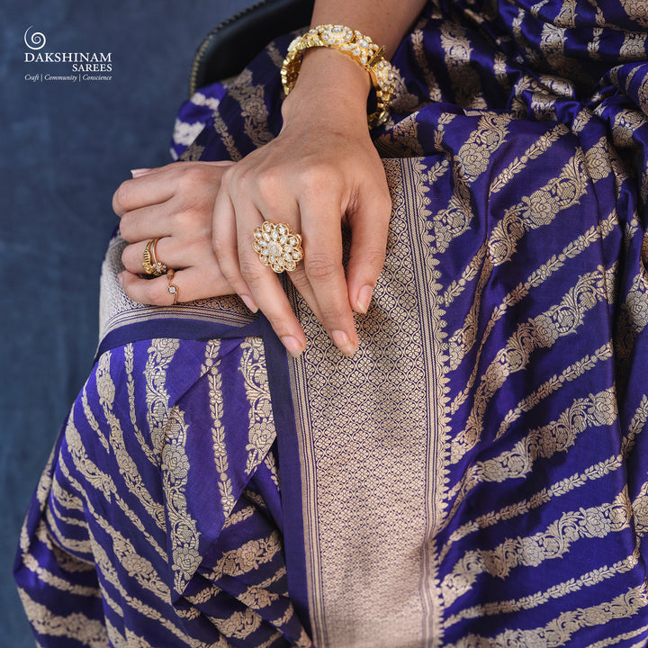 Blue Banarasi Silk Saree with Gold Zari Floral Design 3367T015304DSC