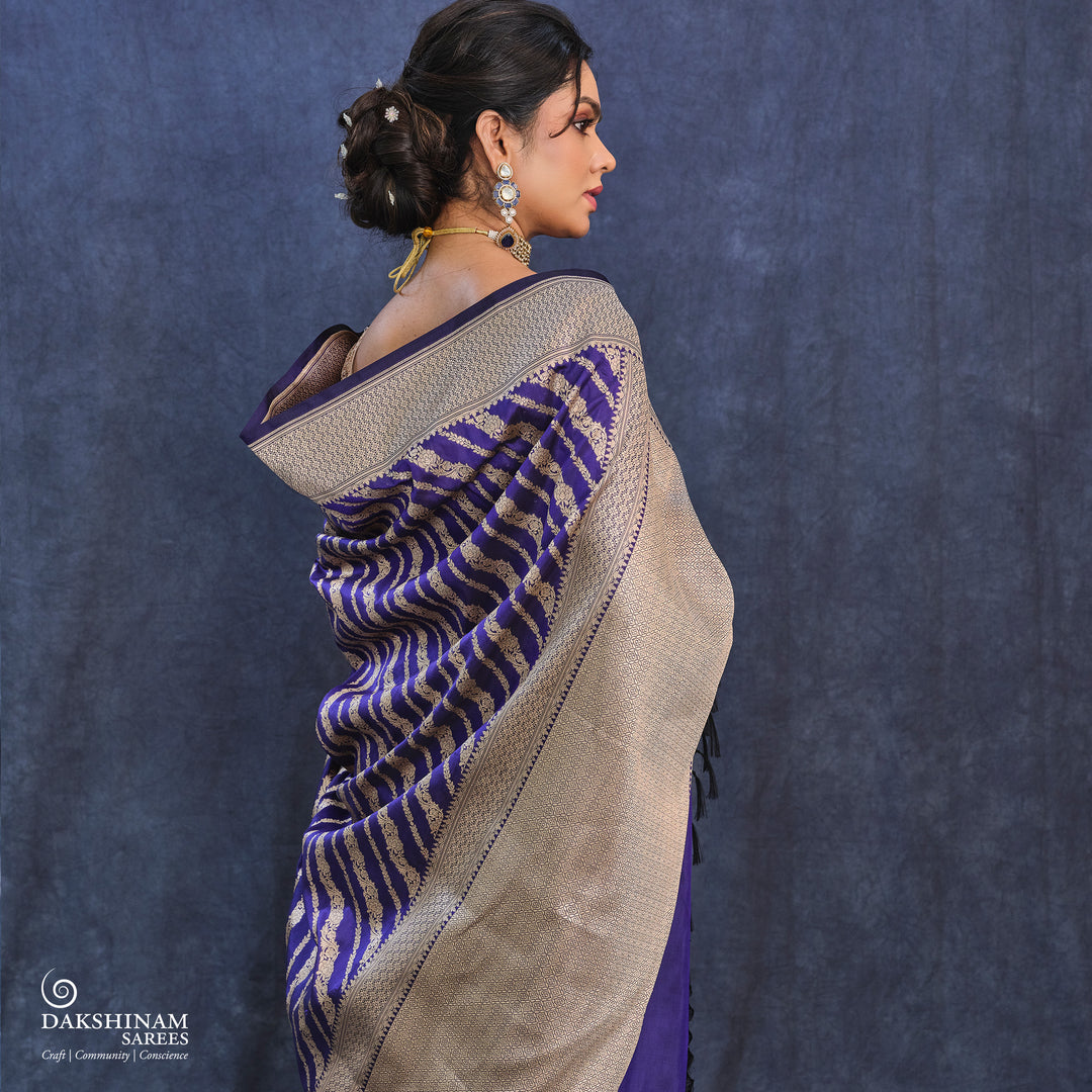 Blue Banarasi Silk Saree with Gold Zari Floral Design 3367T015304DSC