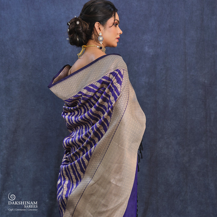 Blue Banarasi Silk Saree with Gold Zari Floral Design 3367T015304DSC