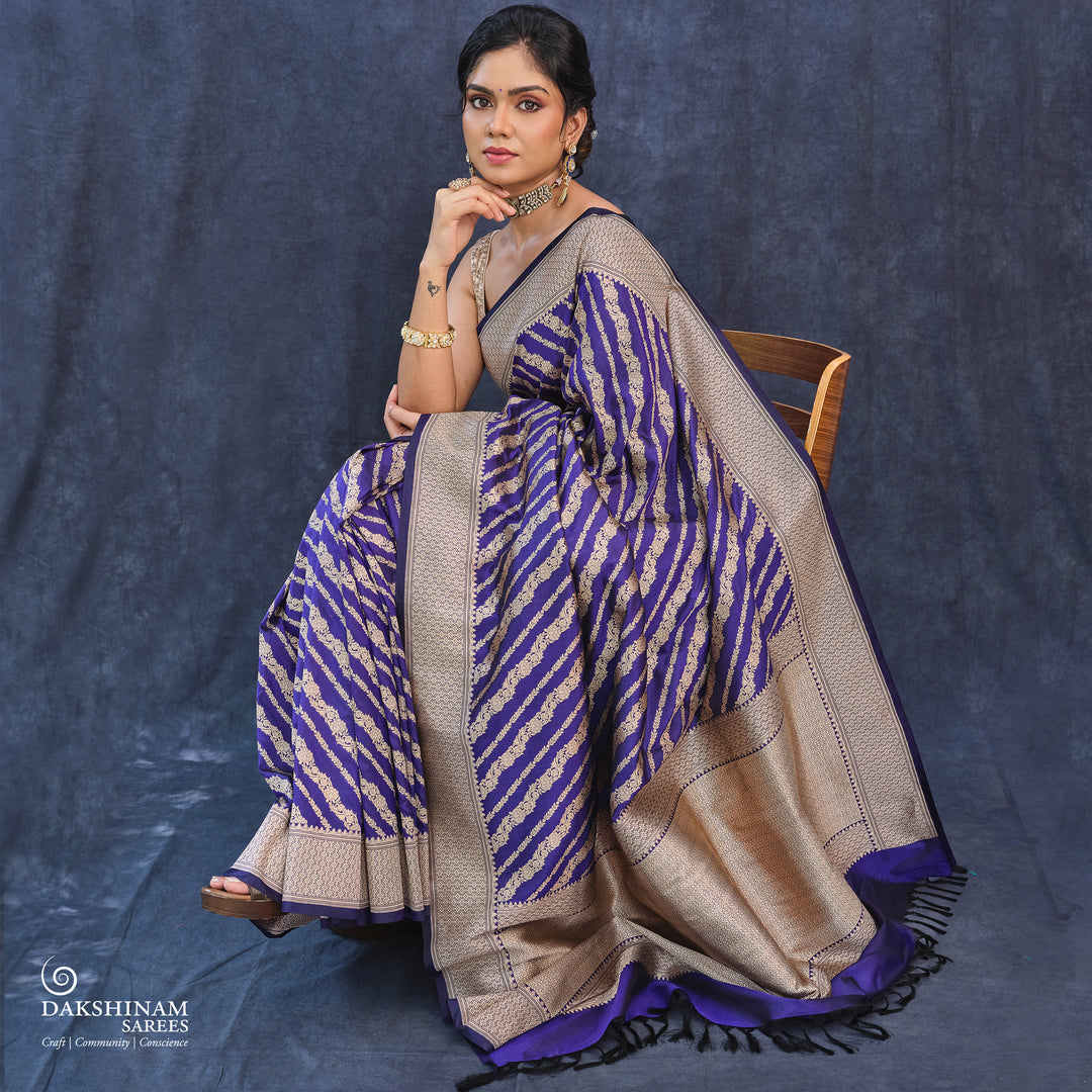 Blue Banarasi Silk Saree with Gold Zari Floral Design 3367T015304DSC