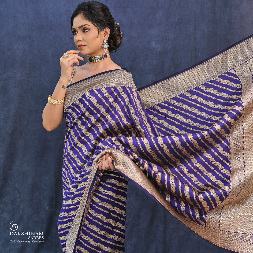 Blue Banarasi Silk Saree with Gold Zari Floral Design 3367T015304DSC