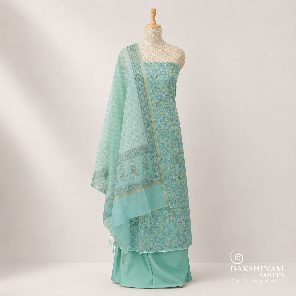 Aqua green Chanderi silk cotton 3-piece suit set with floral print, plain bottom and matching Chanderi dupatta