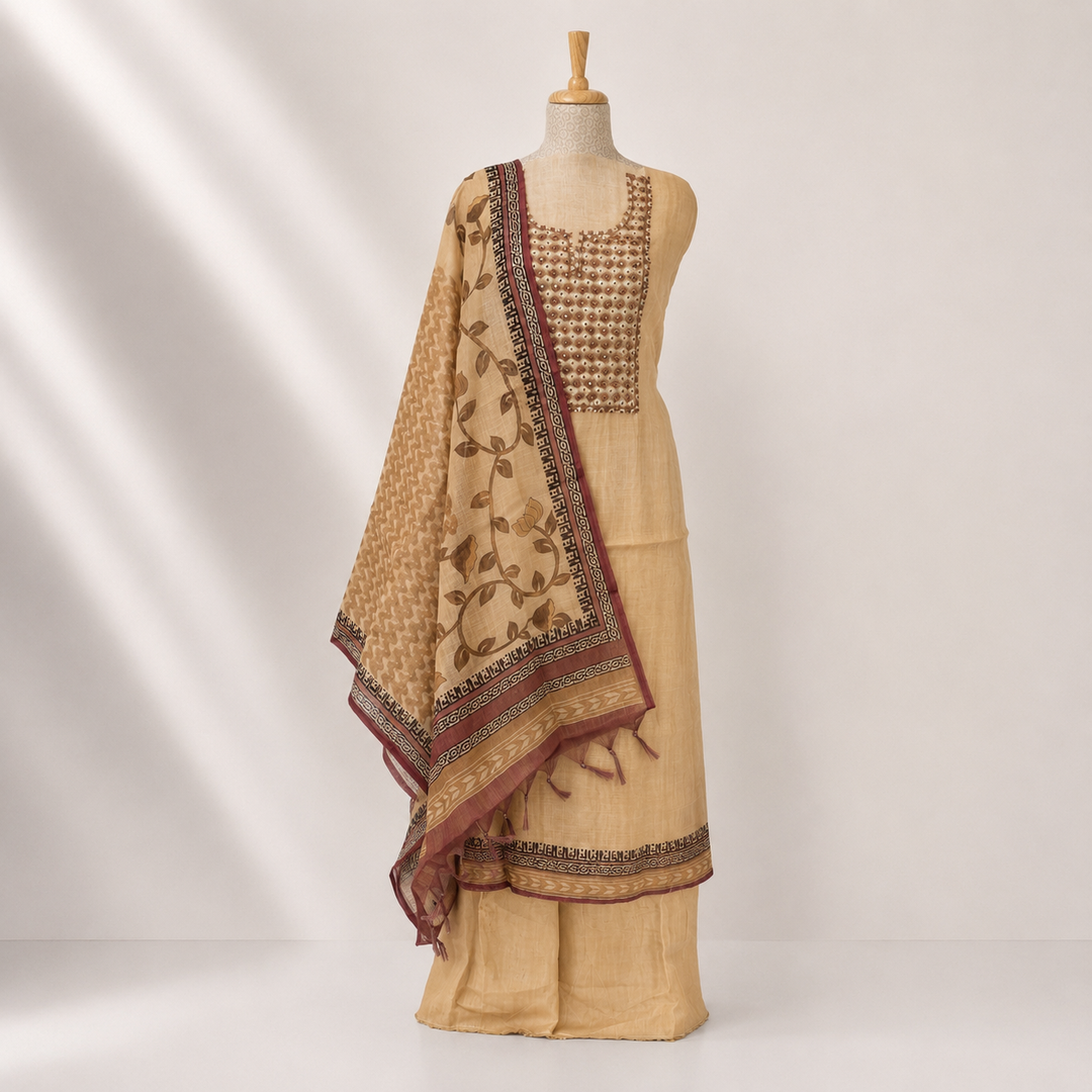 Beige linen cotton 3-piece suit set with embroidered neckline and matching dupatta with floral leaf motifs