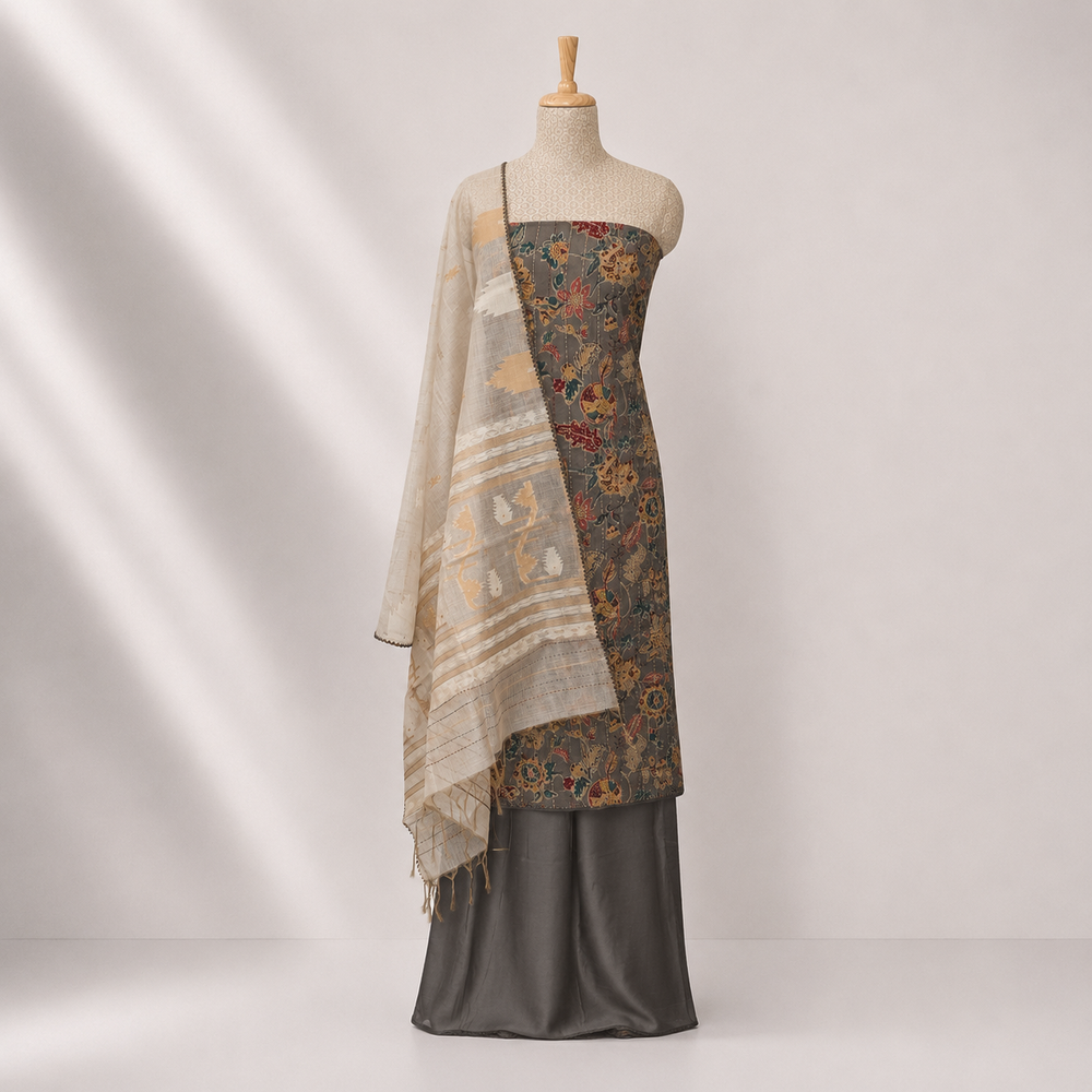 Grey floral printed 3-piece suit set with Kantha stitch detailing and matching grey dupatta
