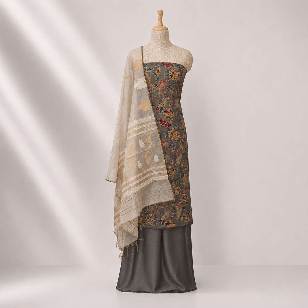 Grey floral printed 3-piece suit set with Kantha stitch detailing and matching grey dupatta