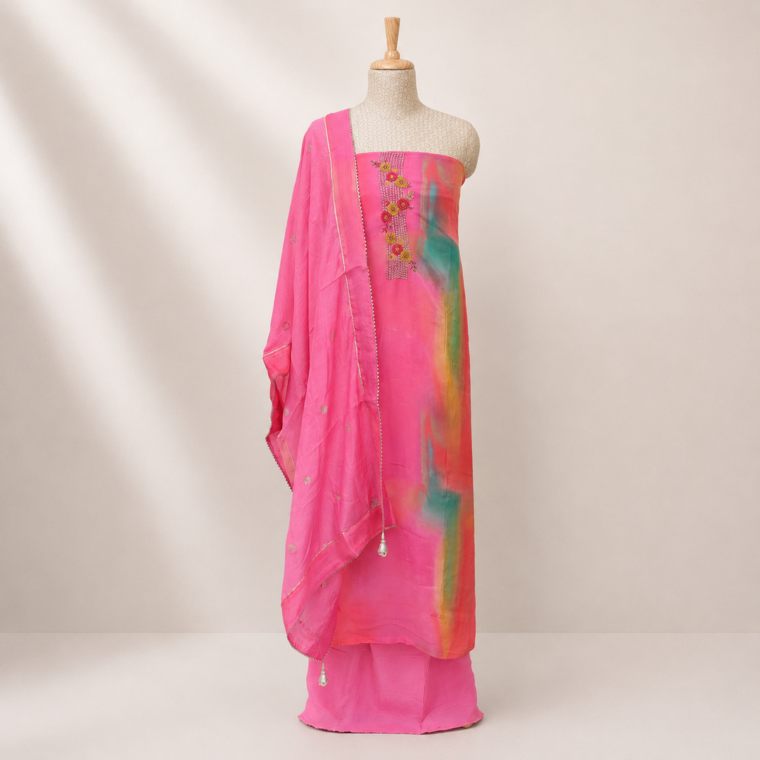Pink Multicolor Hand Embroidered Silk 3 Piece Suit Set with Dupatta 30T016551DSC