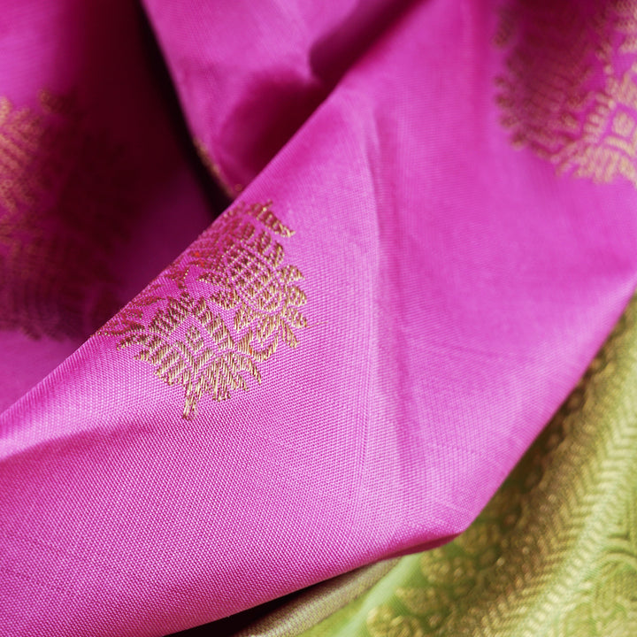 Handwoven Pink with Green Kanjivaram Silk Saree - 1896T005707DSC