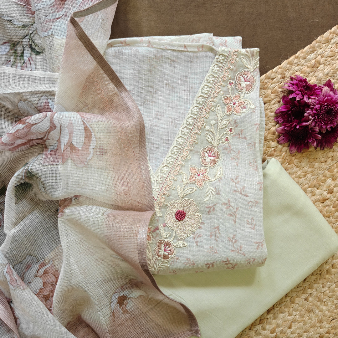 Off White Linen Floral Embroidered 3 Piece Suit Set with Digital Print Dupatta 39T015636DSC
