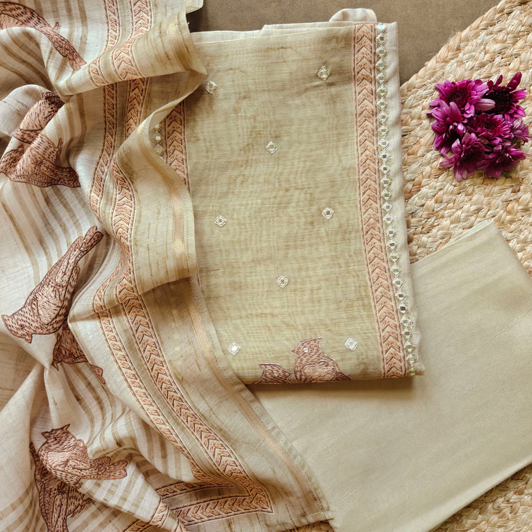 Beige & Mustard Yellow Bird Printed Pure Cotton 3 Piece Suit Set with Applique Work 4N046052DSC