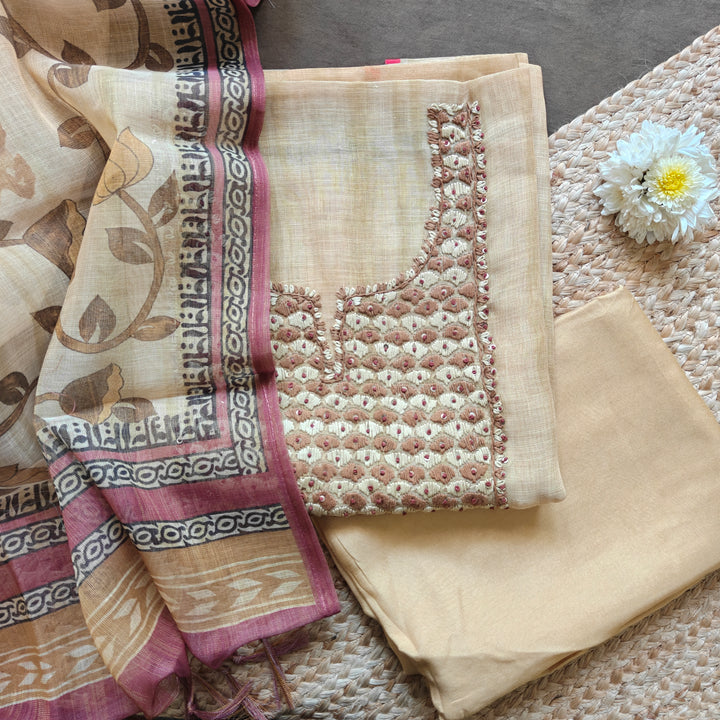 Beige linen cotton 3-piece suit set with embroidered neckline and matching dupatta with floral leaf motifs