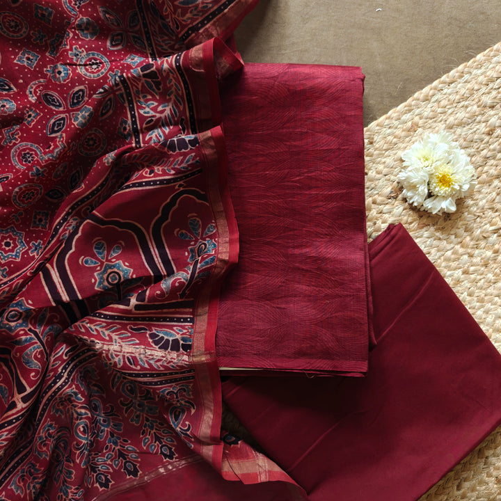 Maroon Chanderi silk cotton 3-piece suit set with self design top and Ajrakh printed dupatta