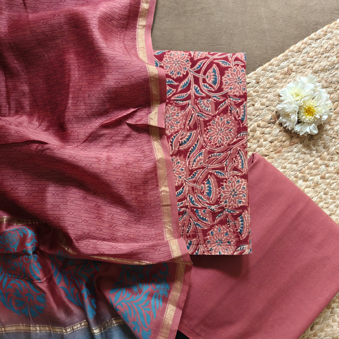 Red Ajrakh Printed 3 Piece Suit Set with Chanderi Silk Cotton Dupatta 36T016807DSC