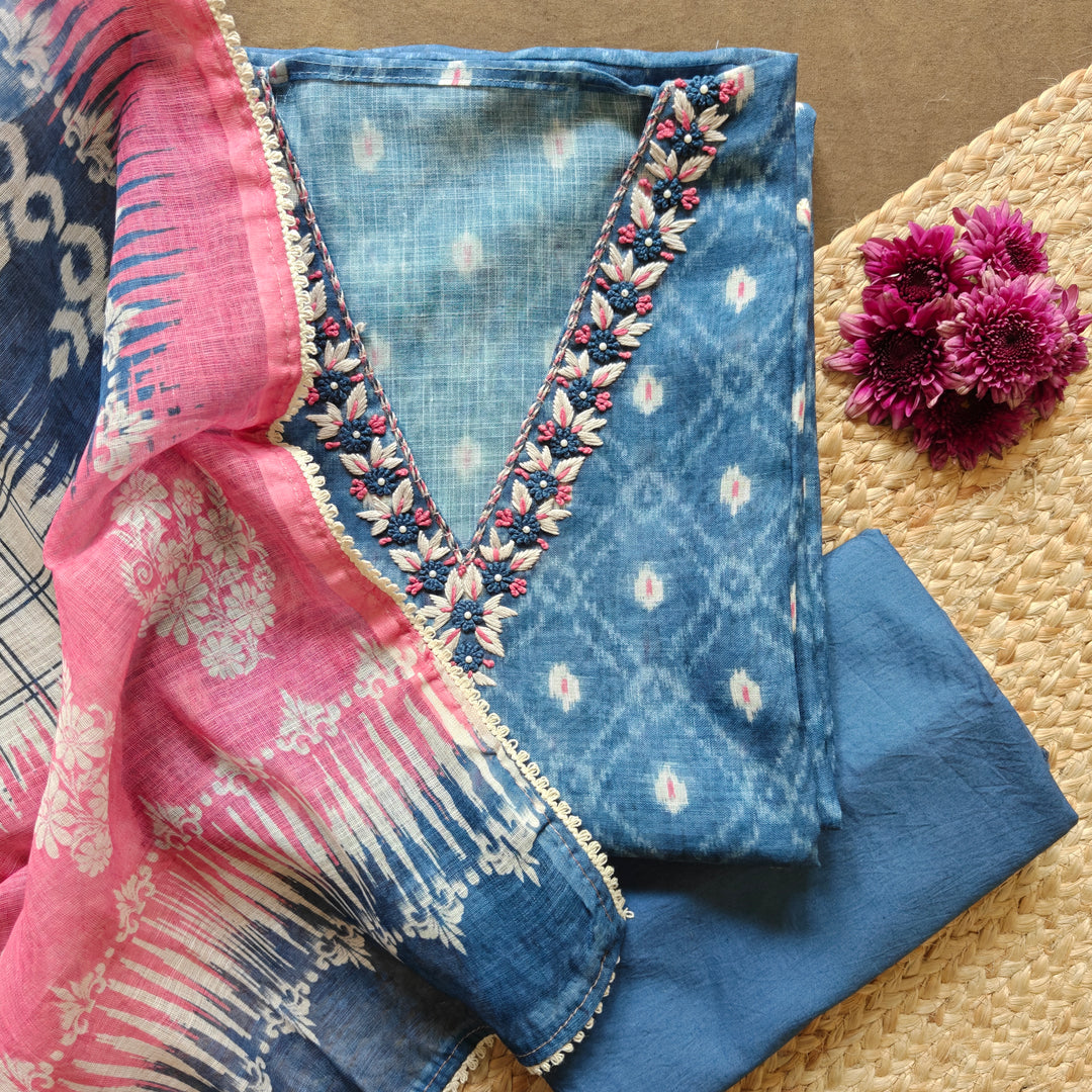 Blue Linen Ikat Printed 3 Piece Suit Set with Checked Floral Dupatta 46N045593DSC