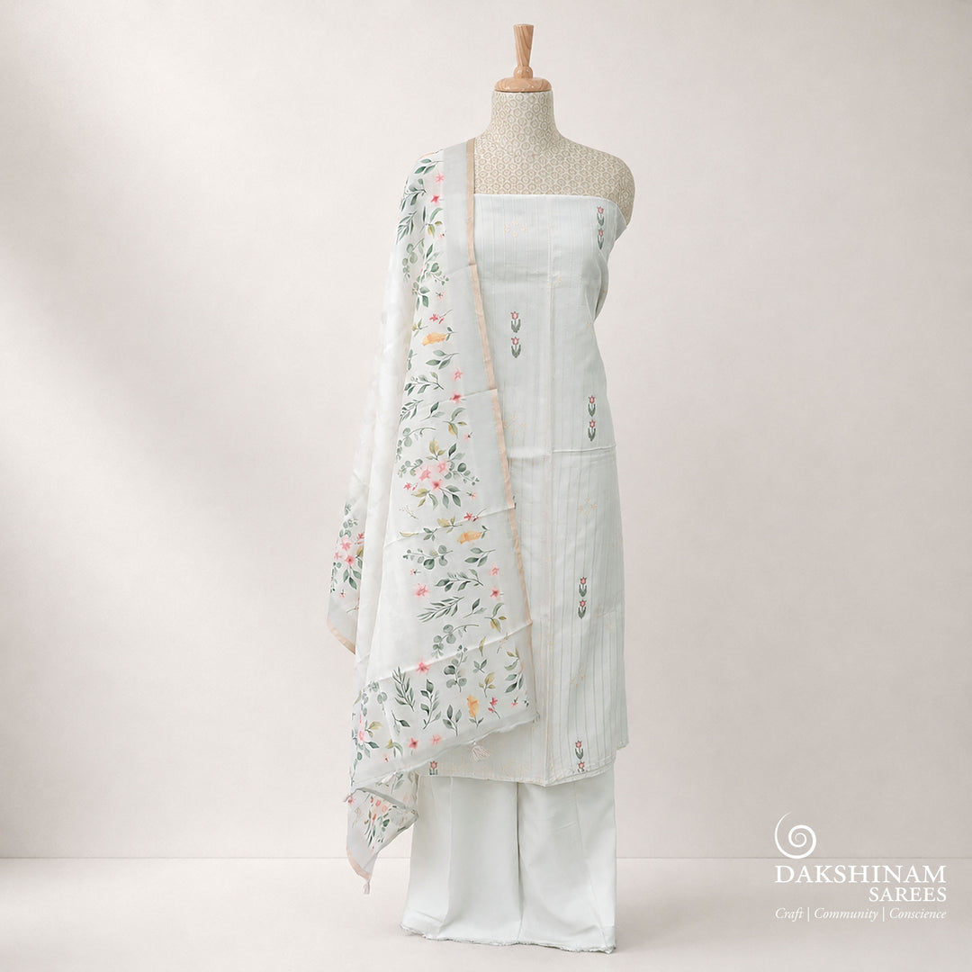 White Hand Embroidered Pure Cotton 3 Piece Suit Set with Water Paint Printed Dupatta 2N025676DSC