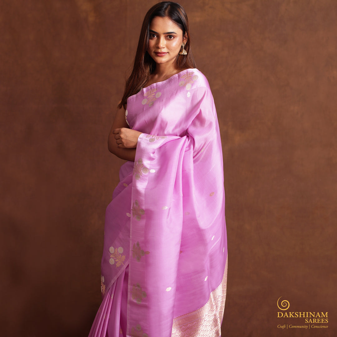 Handwoven Lavender Banarasi Silk Organza Saree - 2358N028764DSC
