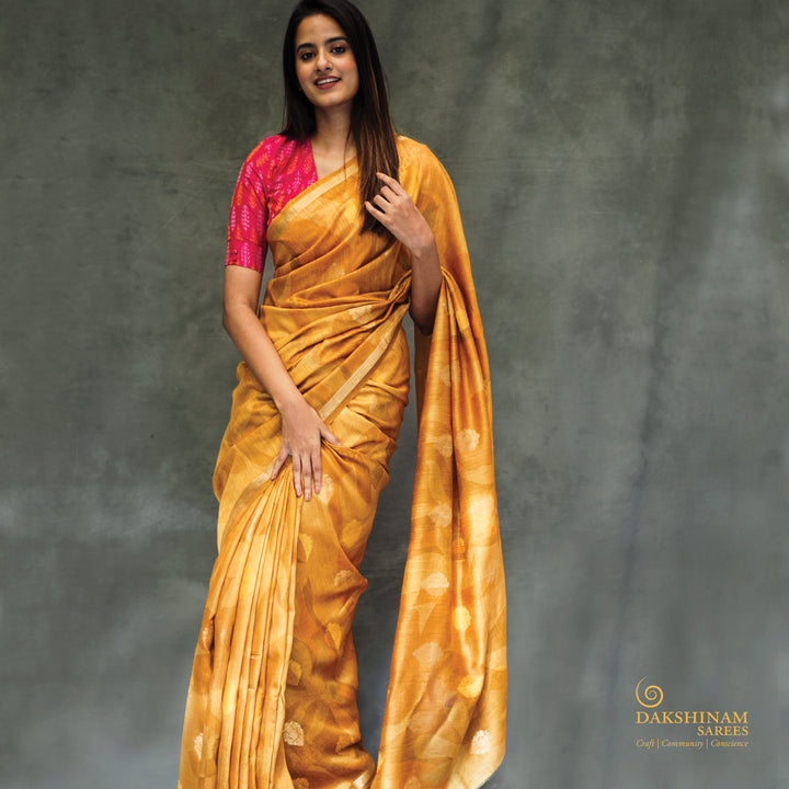 Handwoven Yellow Moonga Tussar Silk Saree- 2787N031926DSC