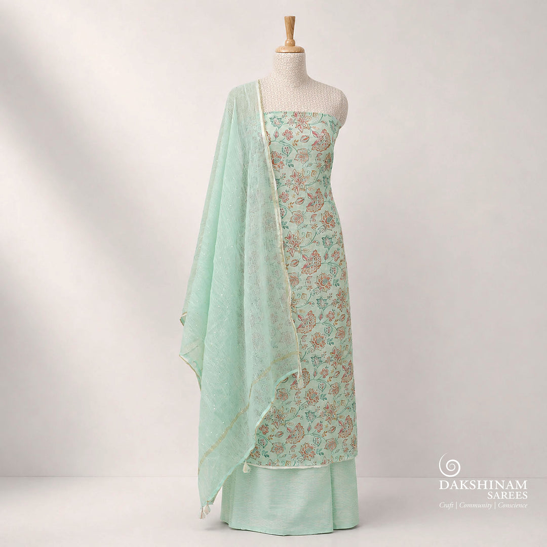 Light Green Floral Printed Pure Cotton 3 Piece Suit Set with Kota Dupatta 7N037121DSC