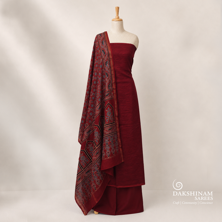 Maroon Chanderi silk cotton 3-piece suit set with self design top and Ajrakh printed dupatta
