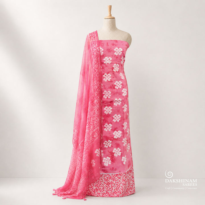 Light Pink Shibori Floral Printed Pure Cotton 3 Piece Suit Set with Chiffon Dupatta 8N045334DSC
