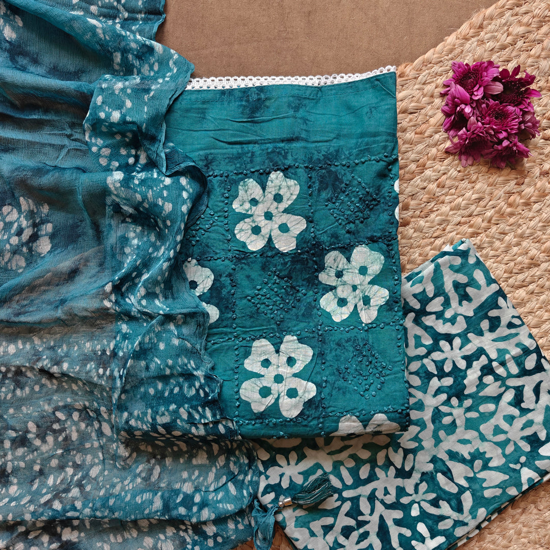 Peacock Green Shibori Floral Printed Pure Cotton 3 Piece Suit Set with Chiffon Dupatta 9N045335DSC