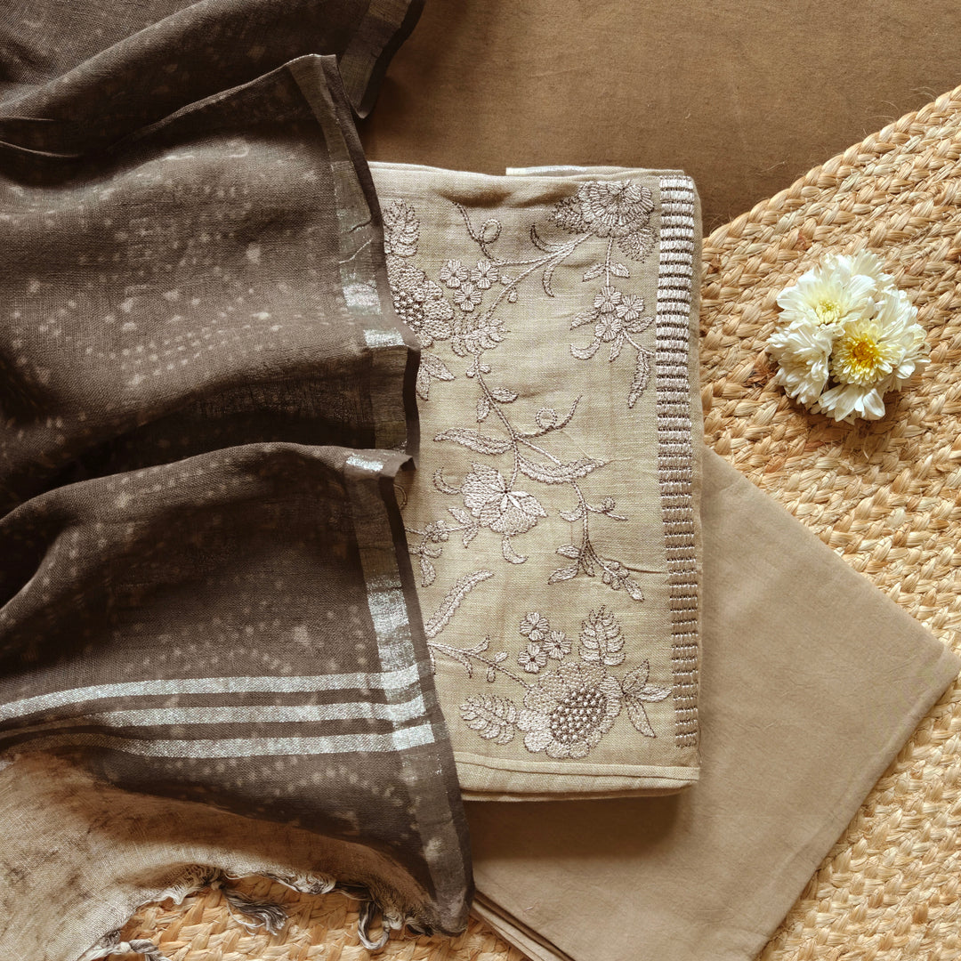 Beige linen 3-piece suit set with floral embroidery, plain bottom and linen dupatta in black and beige