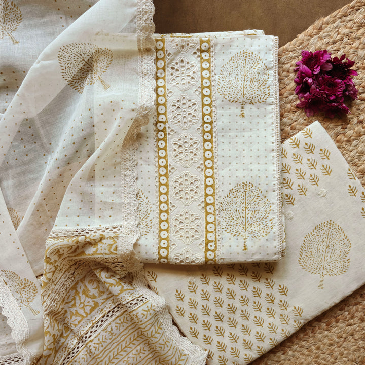 White Printed Pure Cotton 3 Piece Suit Set with Hacoba Work and Embroidered Dupatta 10N045942DSC
