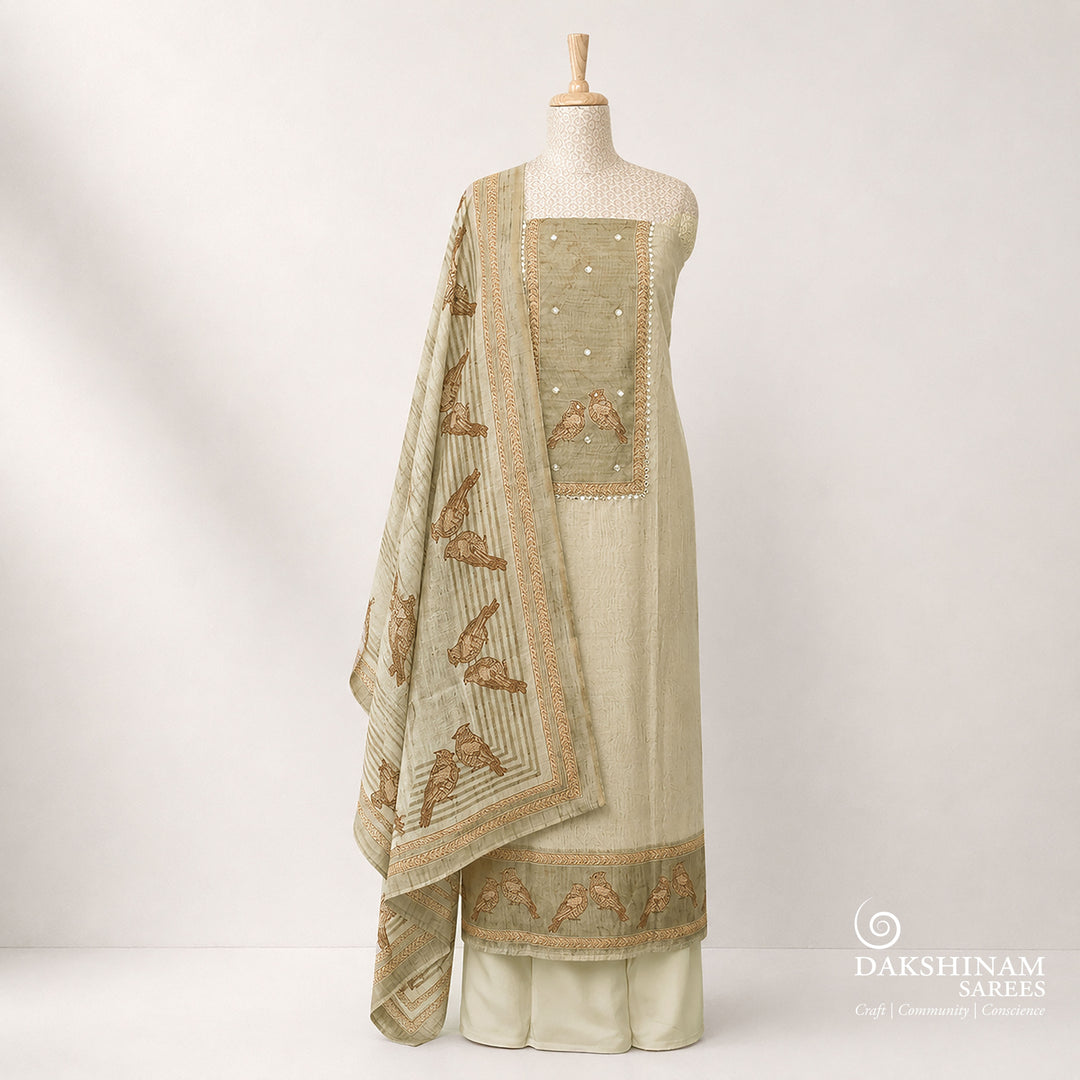 Beige & Mustard Yellow Bird Printed Pure Cotton 3 Piece Suit Set with Applique Work 4N046052DSC