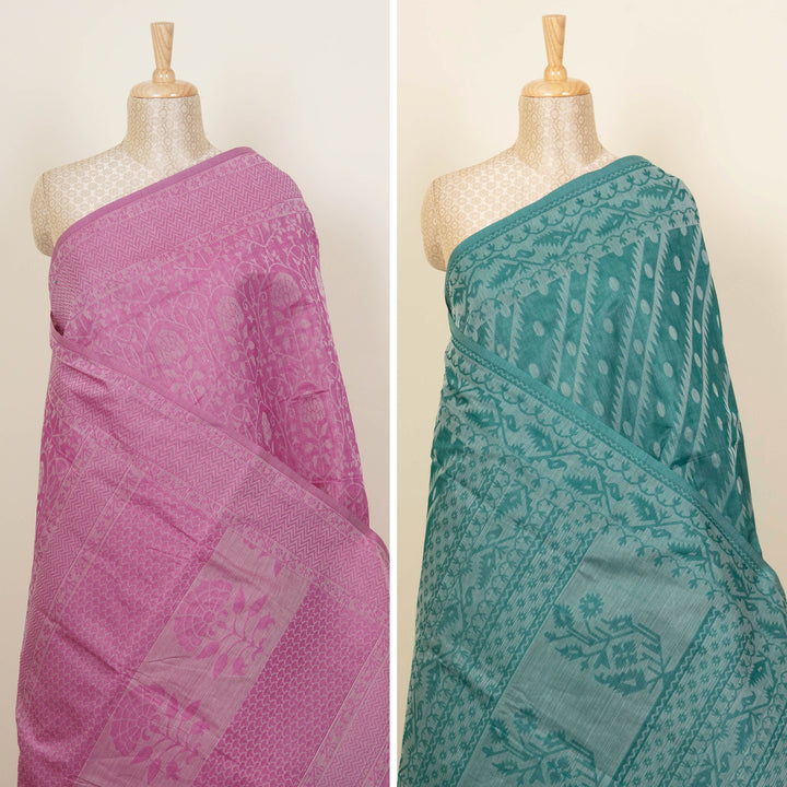 Curated Pair – Handwoven Teal and Pink South Cotton Saree
