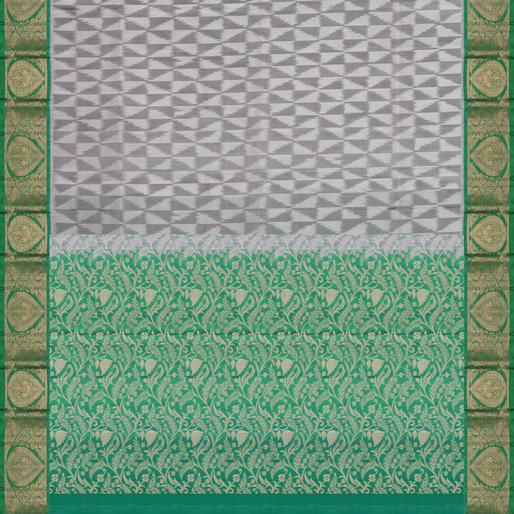 Handwoven White with Green Soft Silk Ikat Saree - 2380T011173DSL