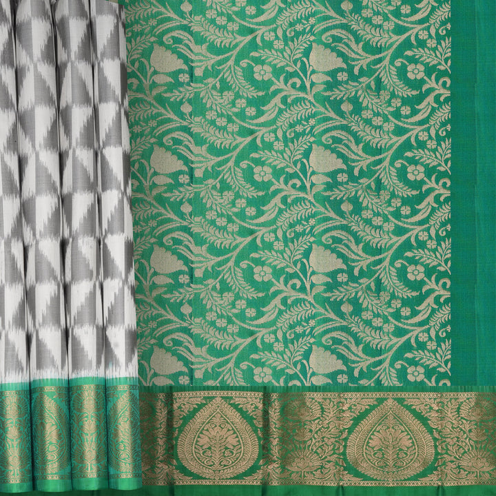 Handwoven White with Green Soft Silk Ikat Saree - 2380T011173DSL