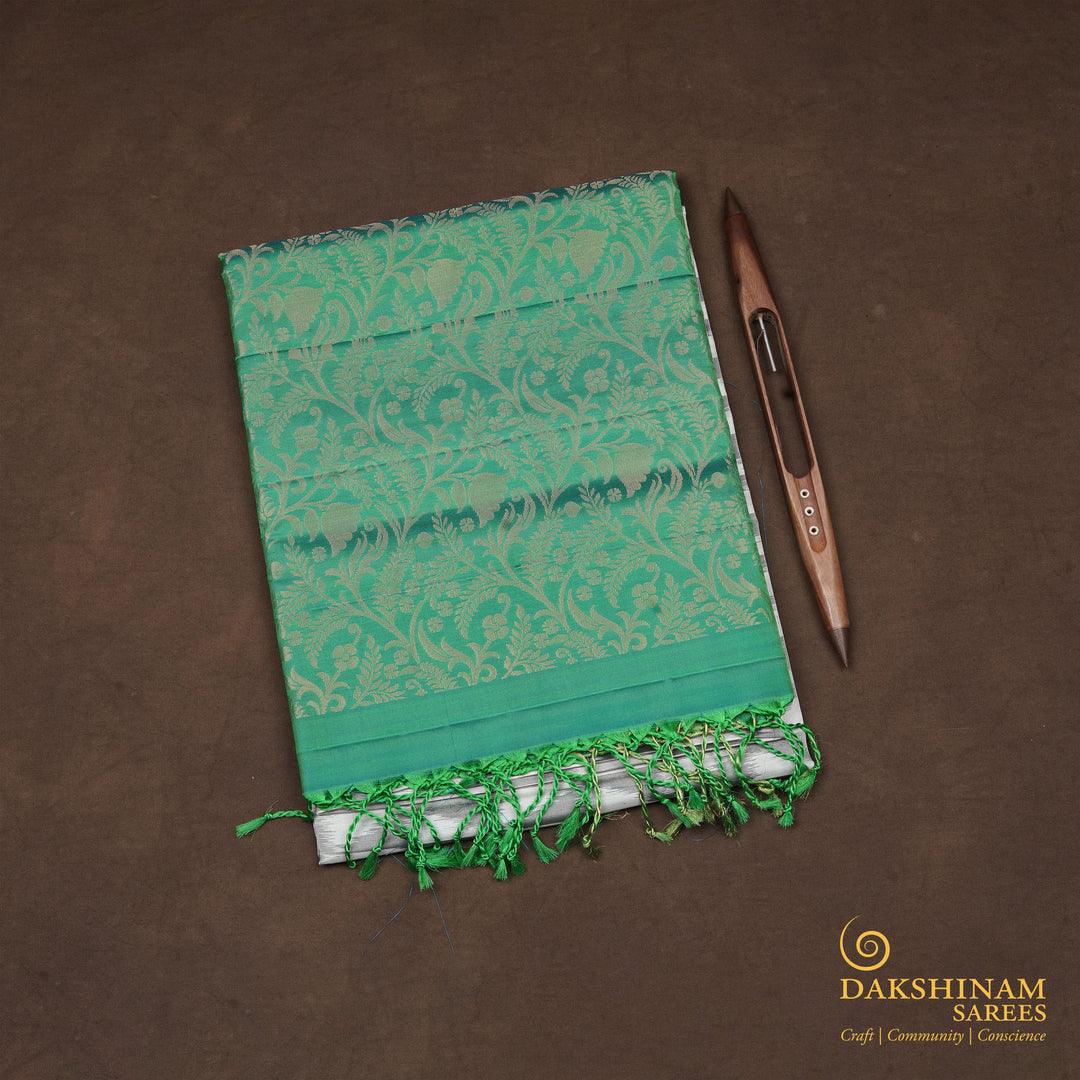 Handwoven White with Green Soft Silk Ikat Saree - 2380T011173DSL