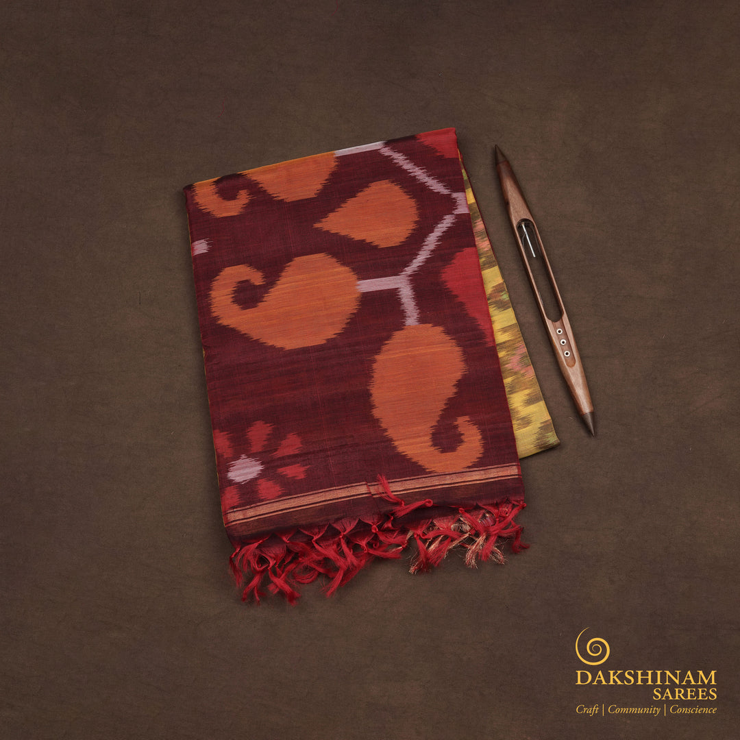 Handwoven Yellow with Maroon Silk Cotton Saree - 2375T011176DSC