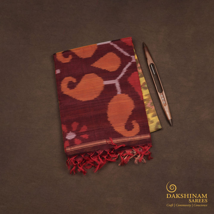 Handwoven Yellow with Maroon Silk Cotton Saree - 2375T011176DSC