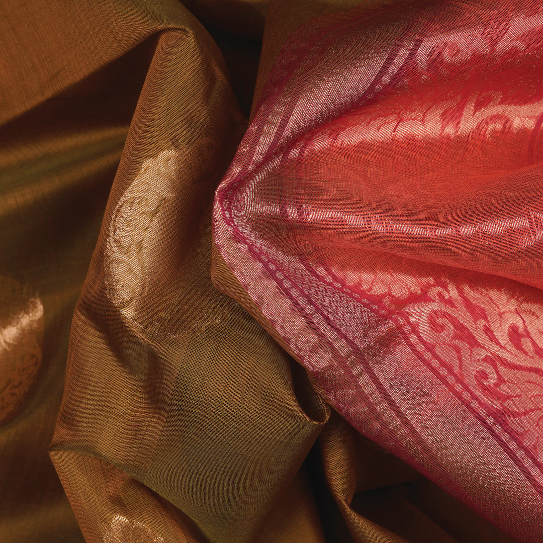 Handwoven Mustard with Pink Silk Cotton Saree - 2340T011205DSC