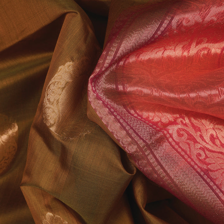 Handwoven Mustard with Pink Silk Cotton Saree - 2340T011205DSC